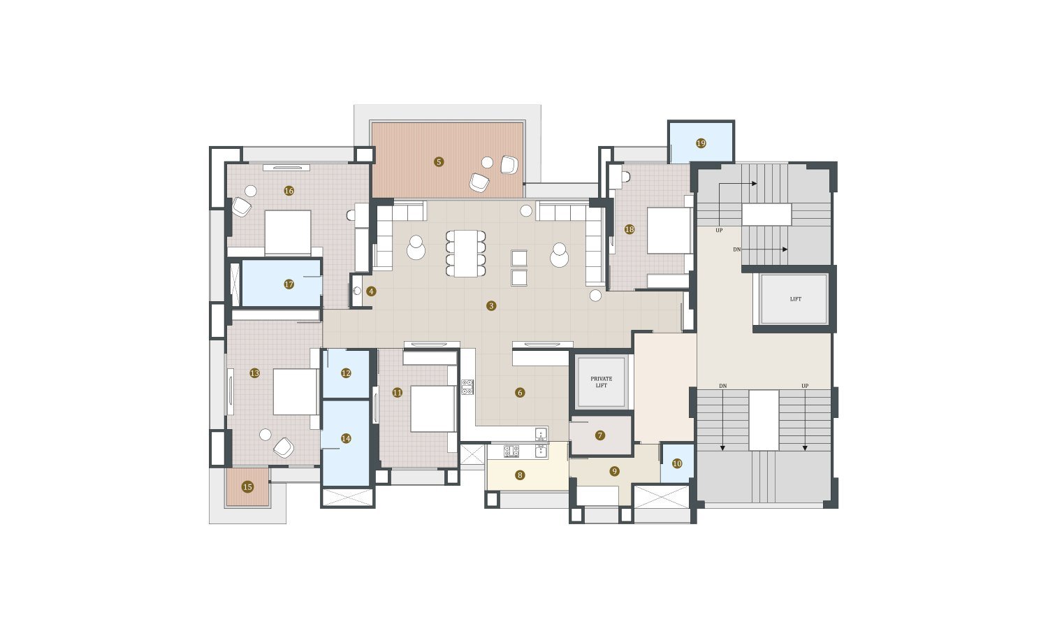 Typical floor plate showing two mirrored 4 BHK residences flanking a central core