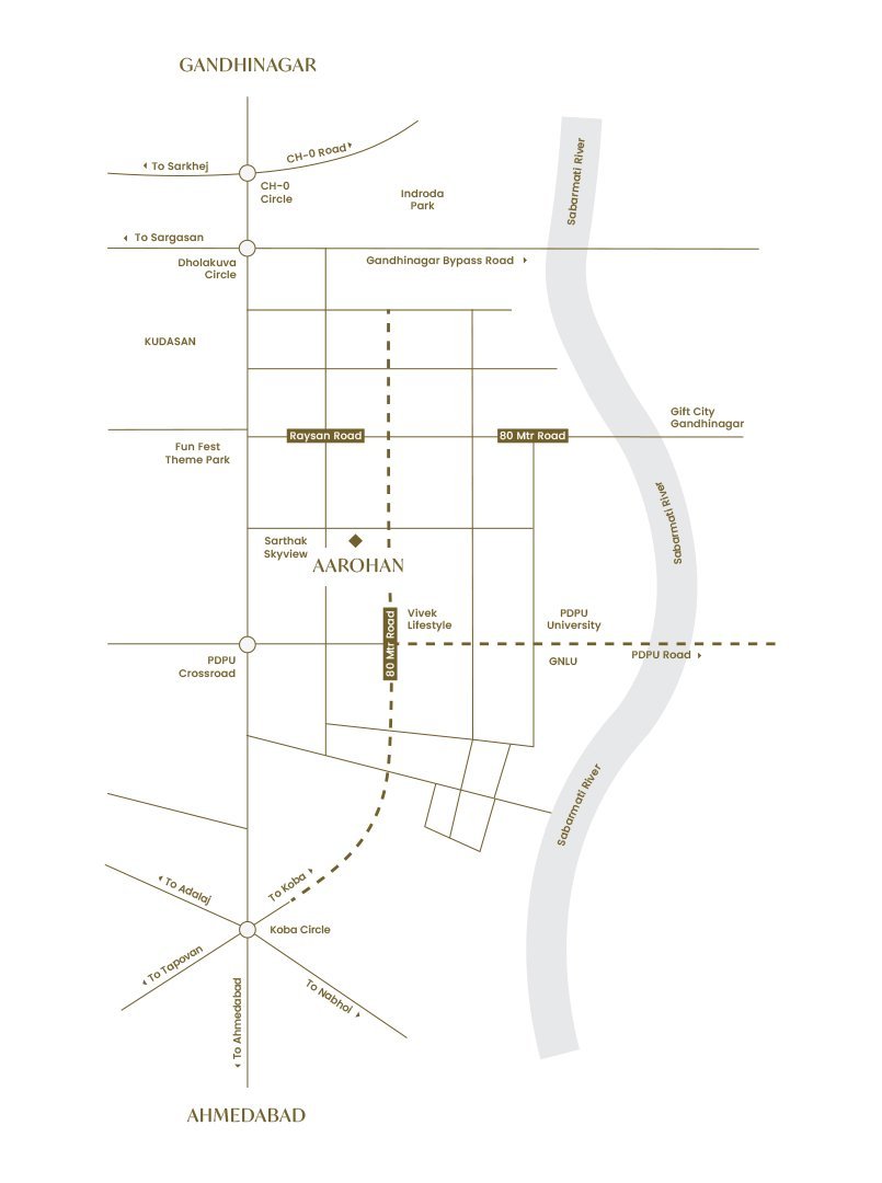 Location map showing Aarohan and surrounding landmarks